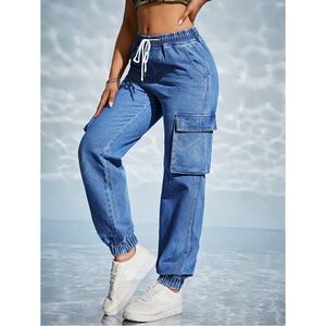 Blue Denim High-Rise Cargo Joggers